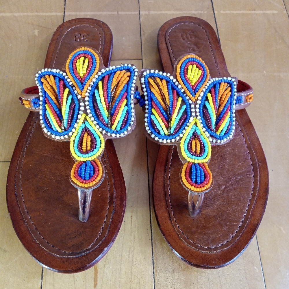 Handcrafted African Vibrant Blue and Yellow Beaded Flip-Flop sandals